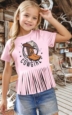 Girls Western Shirt Cowgirl Boots Hat Shirt Country T Shirt Long Live Shirts Horseback Rider Tassel Fringe Tee Tops in Kuwait