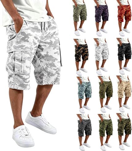 lcyhony Camo Cargo Shorts for Men Relaxed fit Elastic Waist Long Athletic Shorts Summer Plus Size Hiking Shorts Multi Pockets in Saudi Arabia