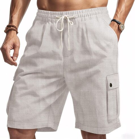DMOYALA Men's Linen Shorts Casual Drawstring Elastic Waist Summer Beach Vacation Cargo Shorts Work Gym Short with Pockets in Saudi Arabia