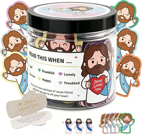 Yelakey Positive Jesus Bible Verse Jar, 60 Daily Scripture Cards, Christian Gifts For Women, Religious Gifts For Teens, Mothers Day Gift For Mom Girls Birthday Gift with 30 Stickers & 3 Mini Figurines in Kuwait
