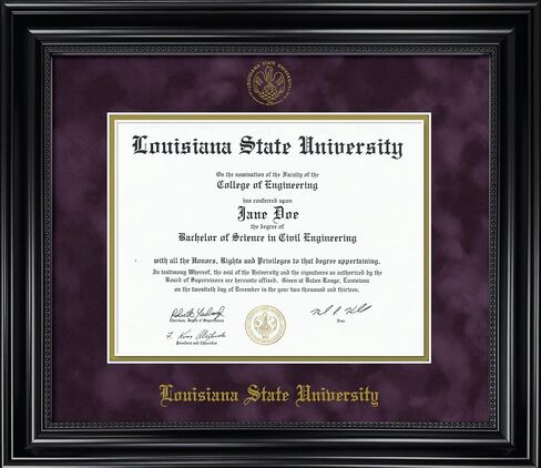 Louisiana State University Diploma Frame - Officially Licensed - Black Wood Frame with Beaded Detail with Purple Suede and Gold Mats in Kuwait