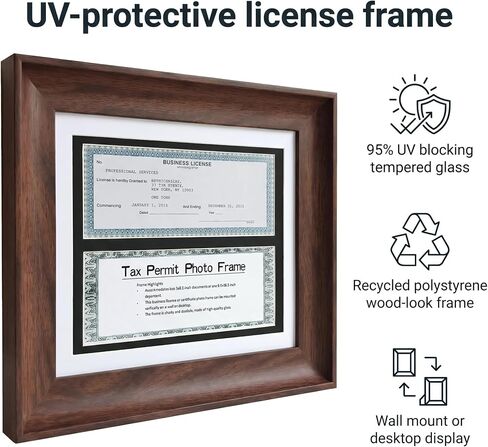 Double Business License Frame,11.4X13.8 ''Cosmetology License Frame,3 x 8.5''Professional License with mat /4x9 documents (without mat),Wall Display and Tabletop,walnut color,1 pack. in Saudi Arabia