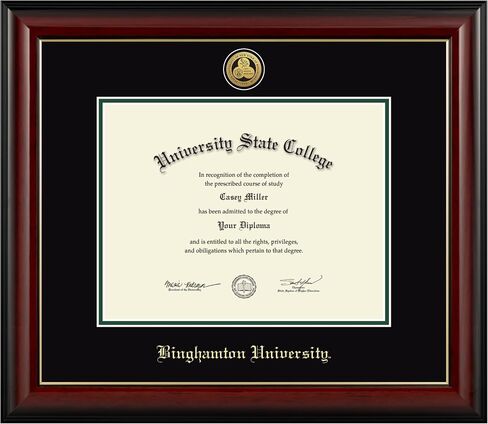 Binghamton University 11" w x 8.5" h Diploma Frame - Fits a bachelor's, master's and phd - Gold Engraved Medallion Diploma Frame - Cherry Moulding with Black and Tartan Green Matting in Kuwait