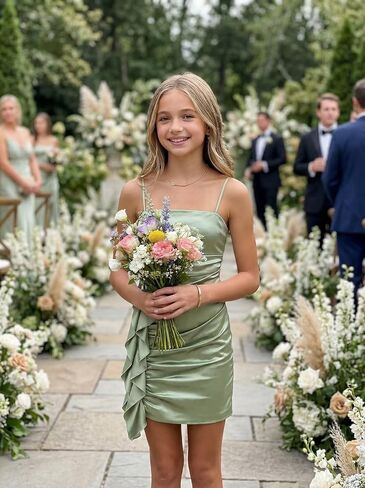 Short Satin Flower Girl Dress Pleated Pageant Dresses for Girls Spaghetti Straps Girls Party Prom Ball Gown in Kuwait