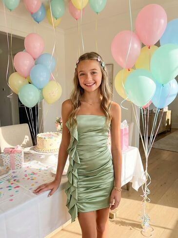 Short Satin Flower Girl Dress Pleated Pageant Dresses for Girls Spaghetti Straps Girls Party Prom Ball Gown in Kuwait