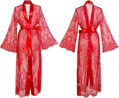 Women's Long Lace Robe with Satin Belt, Bright Red, Sheer Floral Lace Kimono Sleeves, Lingerie Nightwear in Kuwait
