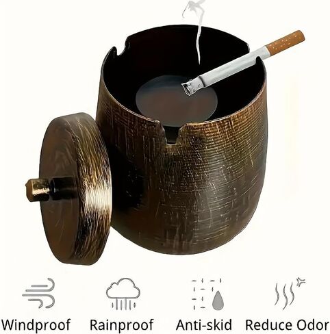 1pc Large Outdoor Covered Windproof Stainless Steel Terrace Cigar Ashtray Suitable for Balcony Smoking Areas and Home Office Decoration in Kuwait
