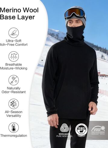 Merino Wool Winter Bundle for Men – Midweight Base Layer Thermal Top & Bottom Set + 12-Way Merino Wool Neck Gaiter Ski Mask, Warm & Breathable Protection for Skiing, Hunting & Running in Saudi Arabia