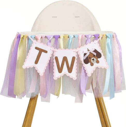 Puppy Two High Chair Banner - Dog Themed 2nd Birthday Decorations,Puppy Party Banner with Colorful Ribbons,Second Dog Birthday Highchair Garland,Cute Animal Party Photo Backdrop in Saudi Arabia