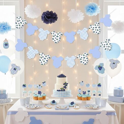 Blue Blueberry Print Baby Onesie Banner, Berry Sweet Baby Shower Banner, Blueberry Themed Birthday Party Supplies Blueberry Hanging Decoration Fruit Theme Party Decorations in Saudi Arabia