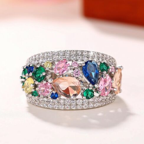 Bright Colorful Cubic Zirconia Rings for Women Aesthetic Silver Color Accessories for Anniversary in Kuwait