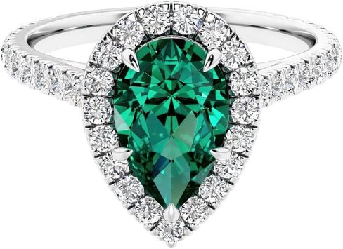 Solid 14k Gold 2 Ct Pear Shape Lab Created Emerald Ring w/ French Pave Diamond Halo Ring, May Birthstone, Engagement, Anniversary, Wedding, Birthday Gift for Women w/ Jewelry Box, Sz 4-10 in Saudi Arabia