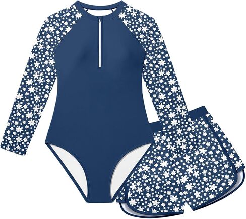 NECIOUS Girls Rash Guard Swimsuit 2 Piece Long Sleeve One Piece Bathing Suit with Swim Shorts UPF 50+ Swimwear Sets 9-16Y in Saudi Arabia