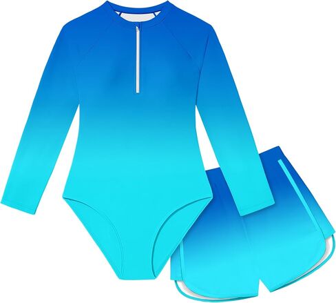 NECIOUS Girls Rash Guard Swimsuit 2 Piece Long Sleeve One Piece Bathing Suit with Swim Shorts UPF 50+ Swimwear Sets 9-16Y in Saudi Arabia