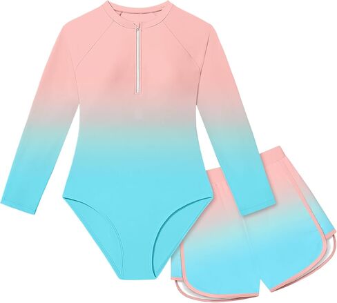 NECIOUS Girls Rash Guard Swimsuit 2 Piece Long Sleeve One Piece Bathing Suit with Swim Shorts UPF 50+ Swimwear Sets 9-16Y in Saudi Arabia