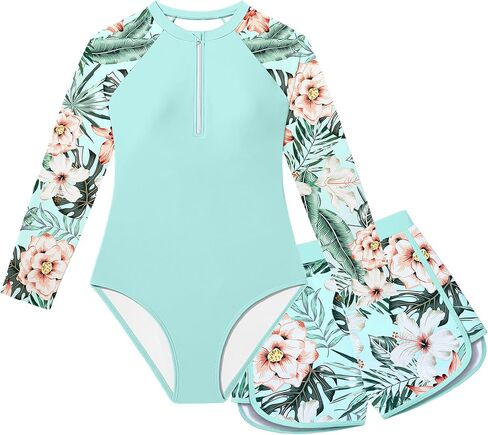 NECIOUS Girls Rash Guard Swimsuit 2 Piece Long Sleeve One Piece Bathing Suit with Swim Shorts UPF 50+ Swimwear Sets 9-16Y in Saudi Arabia