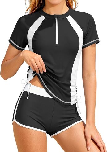 Girls Swimsuit Rash Guard 2 Piece Bathing Suit for Girls Short Sleeve Color Block UPF 50+ Zip Pad Swimwear with Shorts in Kuwait