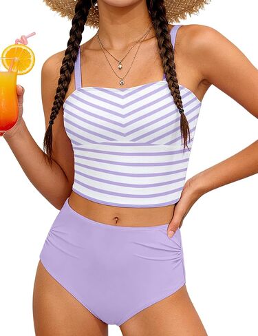 Girls Swimsuit Square Neck 2 Piece Stripe Tankini for Girls Bathing Suit Swimwear 9-16Y in Saudi Arabia
