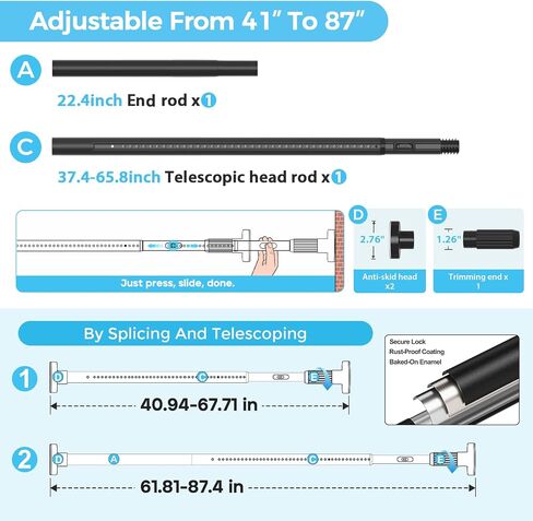 Tension Curtain Rod 41-86 Inch – Heavy Duty Curtain Rods No Drilling Adjustable Window Treatment Rod for Window Patio, Easy Installation, Rust Resistant, 1.26" Diameter, Black in Saudi Arabia