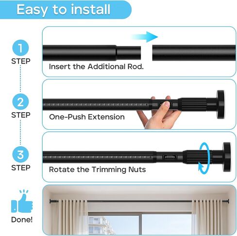 Tension Curtain Rod 41-86 Inch – Heavy Duty Curtain Rods No Drilling Adjustable Window Treatment Rod for Window Patio, Easy Installation, Rust Resistant, 1.26" Diameter, Black in Saudi Arabia