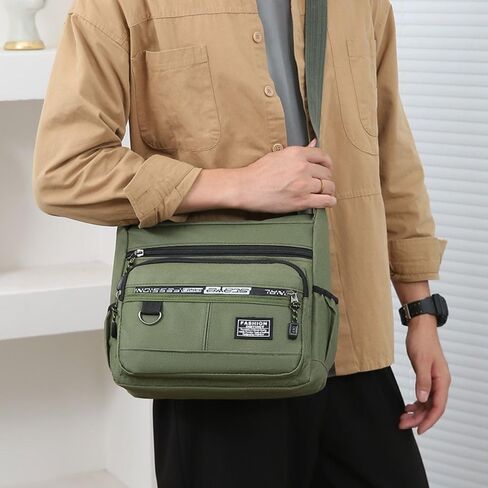 Pocket Large Capacity Outdoor Nylon Men's Messenger Bag Multi-layer Shoulder Green in Kuwait