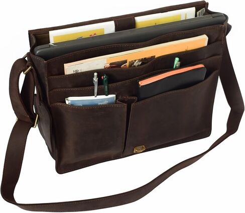 Gotham City Handmade Genuine Leather Crossbody Laptop Messenger Shoulder Bag 14 inch Satchel for Men and Women Crazy Horse Distressed Black-Brown in Saudi Arabia