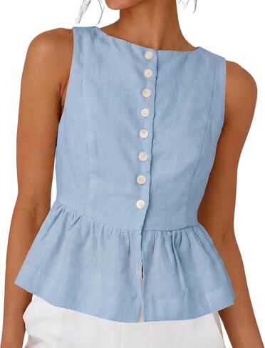 SKIKYAN Women's Linen Tank Tops Sleeveless Peplum Top Button Front Casual Flared Hem Blouse for Summer Daily Wear in Saudi Arabia