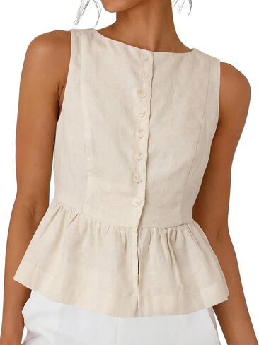SKIKYAN Women's Linen Tank Tops Sleeveless Peplum Top Button Front Casual Flared Hem Blouse for Summer Daily Wear in Saudi Arabia