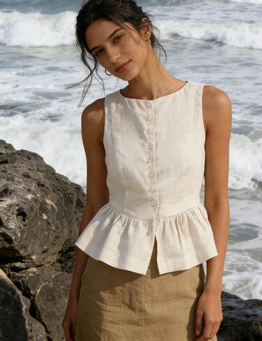 SKIKYAN Women's Linen Tank Tops Sleeveless Peplum Top Button Front Casual Flared Hem Blouse for Summer Daily Wear in Saudi Arabia