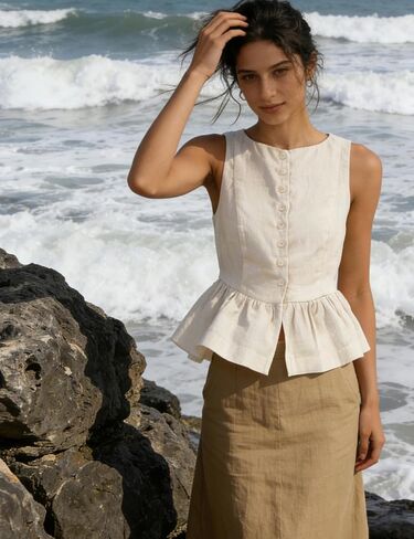 SKIKYAN Women's Linen Tank Tops Sleeveless Peplum Top Button Front Casual Flared Hem Blouse for Summer Daily Wear in Saudi Arabia