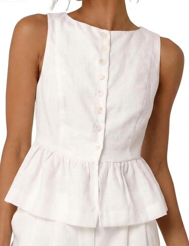 SKIKYAN Women's Linen Tank Tops Sleeveless Peplum Top Button Front Casual Flared Hem Blouse for Summer Daily Wear in Saudi Arabia