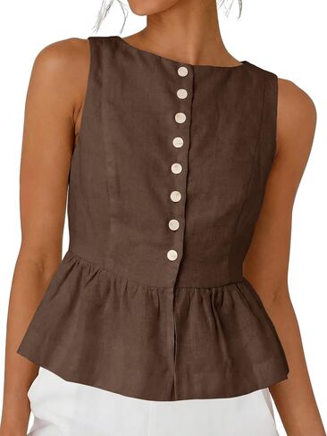 SKIKYAN Women's Linen Tank Tops Sleeveless Peplum Top Button Front Casual Flared Hem Blouse for Summer Daily Wear in Saudi Arabia