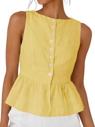 SKIKYAN Women's Linen Tank Tops Sleeveless Peplum Top Button Front Casual Flared Hem Blouse for Summer Daily Wear in Saudi Arabia