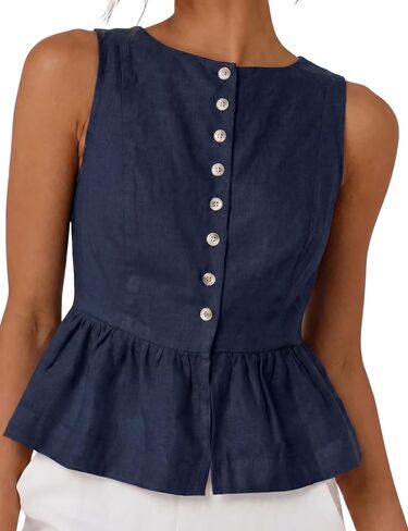 SKIKYAN Women's Linen Tank Tops Sleeveless Peplum Top Button Front Casual Flared Hem Blouse for Summer Daily Wear in Saudi Arabia