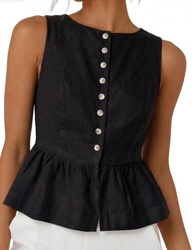 SKIKYAN Women's Linen Tank Tops Sleeveless Peplum Top Button Front Casual Flared Hem Blouse for Summer Daily Wear in Saudi Arabia
