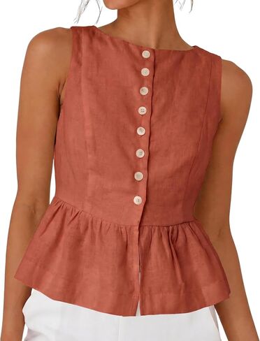 SKIKYAN Women's Linen Tank Tops Sleeveless Peplum Top Button Front Casual Flared Hem Blouse for Summer Daily Wear in Saudi Arabia