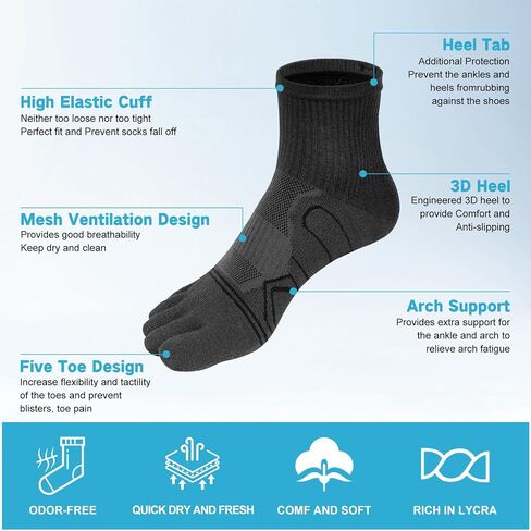 جوارب Kfit للرجال والنساء للجري COOLMAX رياضي للكاحل بخمسة أصابع، جوارب مسامية ماصة للرطوبة، 3 أزواج in Kuwait