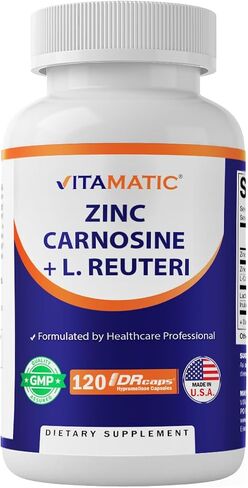 Vitamatic Zinc Carnosine with L. Reuteri 10 Billion CFU & Prebiotic Inulin 264 mg Digestive & Gut Health Support* - GI Tract Supplement – 120 Delayed-Release Capsules in Kuwait
