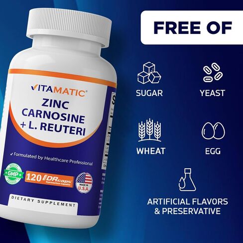 Vitamatic Zinc Carnosine with L. Reuteri 10 Billion CFU & Prebiotic Inulin 264 mg Digestive & Gut Health Support* - GI Tract Supplement – 120 Delayed-Release Capsules in Kuwait