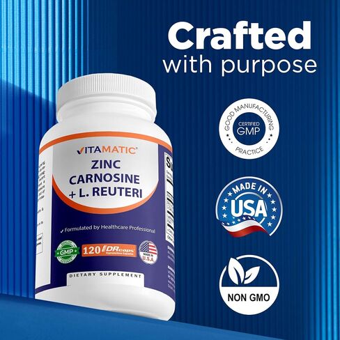Vitamatic Zinc Carnosine with L. Reuteri 10 Billion CFU & Prebiotic Inulin 264 mg Digestive & Gut Health Support* - GI Tract Supplement – 120 Delayed-Release Capsules in Kuwait