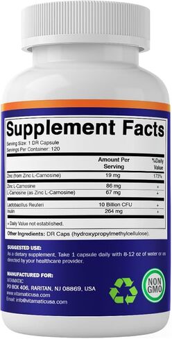 Vitamatic Zinc Carnosine with L. Reuteri 10 Billion CFU & Prebiotic Inulin 264 mg Digestive & Gut Health Support* - GI Tract Supplement – 120 Delayed-Release Capsules in Kuwait