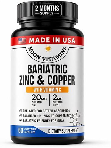 Bariatric Zinc 20mg with Copper 2mg (10:1 Ratio) + Vitamin C – Balanced Bariatric Formula – TRAACS Chelated Zinc Glycinate – Gentle on Stomach – 60 Capsules – Men & Women – Halal in Saudi Arabia