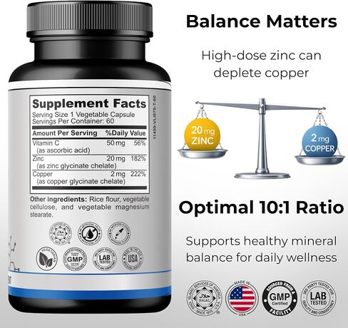 Bariatric Zinc 20mg with Copper 2mg (10:1 Ratio) + Vitamin C – Balanced Bariatric Formula – TRAACS Chelated Zinc Glycinate – Gentle on Stomach – 60 Capsules – Men & Women – Halal in Saudi Arabia