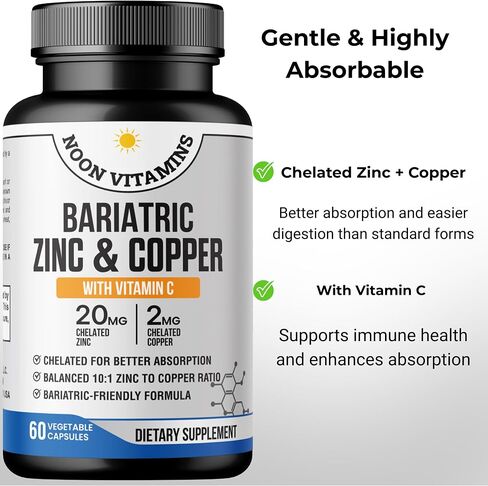Bariatric Zinc 20mg with Copper 2mg (10:1 Ratio) + Vitamin C – Balanced Bariatric Formula – TRAACS Chelated Zinc Glycinate – Gentle on Stomach – 60 Capsules – Men & Women – Halal in Saudi Arabia