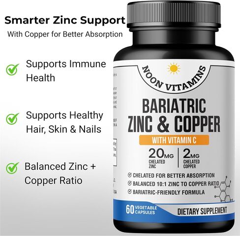Bariatric Zinc 20mg with Copper 2mg (10:1 Ratio) + Vitamin C – Balanced Bariatric Formula – TRAACS Chelated Zinc Glycinate – Gentle on Stomach – 60 Capsules – Men & Women – Halal in Saudi Arabia