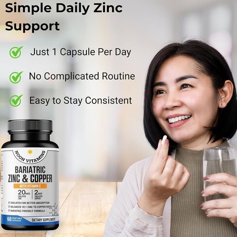 Bariatric Zinc 20mg with Copper 2mg (10:1 Ratio) + Vitamin C – Balanced Bariatric Formula – TRAACS Chelated Zinc Glycinate – Gentle on Stomach – 60 Capsules – Men & Women – Halal in Saudi Arabia