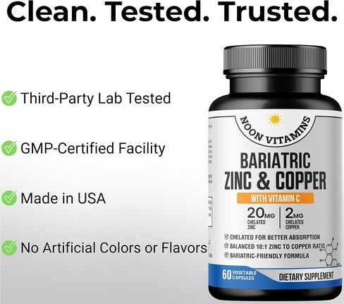 Bariatric Zinc 20mg with Copper 2mg (10:1 Ratio) + Vitamin C – Balanced Bariatric Formula – TRAACS Chelated Zinc Glycinate – Gentle on Stomach – 60 Capsules – Men & Women – Halal in Saudi Arabia