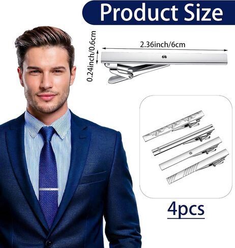 4PCS Silver Tie Clip, Stainless Steel Mens Tie Clip for Formal Business, Wedding, Party, Fathers Day Gift (Polished Silver) in Kuwait