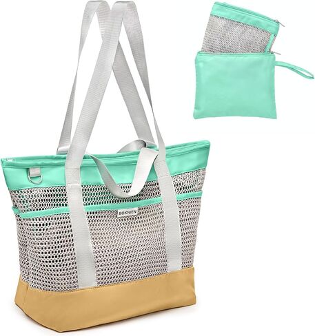 Mesh Beach Bag for Women, XXL 28L Foldable Tote, Sandproof Mesh, Waterproof Bottom, Zippered Top, 7 Pockets in Kuwait