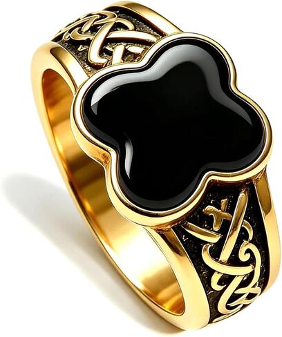 Vintage Lucky Four-Leaf Clover Jade Ring, 18K Gold Plated, Celtic Swirl Engraving, Unisex Gothic Retro Statement Jewelry, Gift in Kuwait